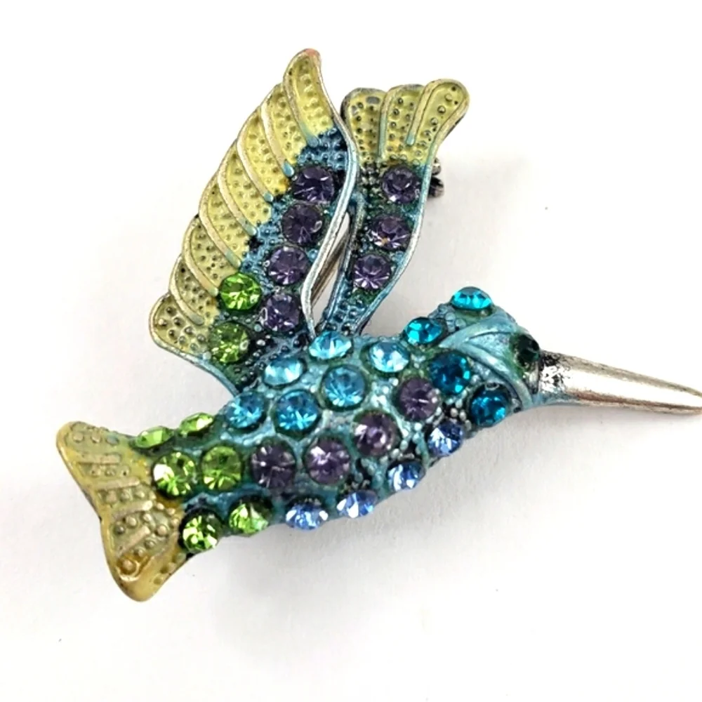 Vintage Hummingbird Brooch Pin rhinestones in purple blue teal lime green